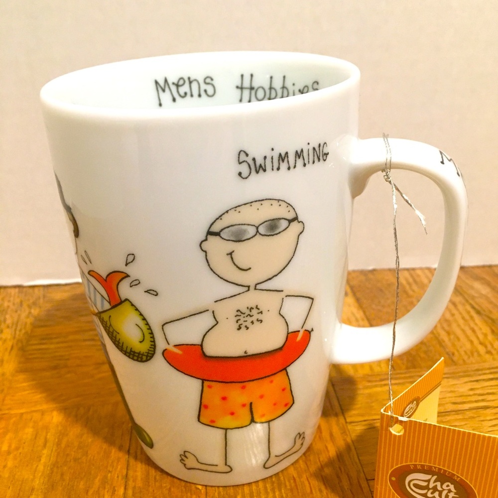 RARE PORCELAIN MEN’S HOBBIES COFFEE MUG BY SUSAN WHEELER. 12 OZ. #21035 NWT.